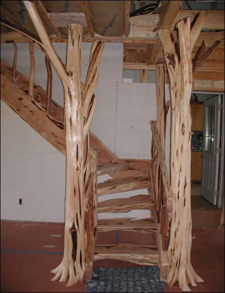 Staircase made with Mountain Cedar Posts and slabs by Mueller Sawmill, Stacy Mueller